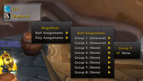 <p>If the player is a raid officer then a small icon appears in the bottom right corner of the MM window, when clicked it opens the Officer options, where the player can assign other mage's buff groups and polymporph targets</p>