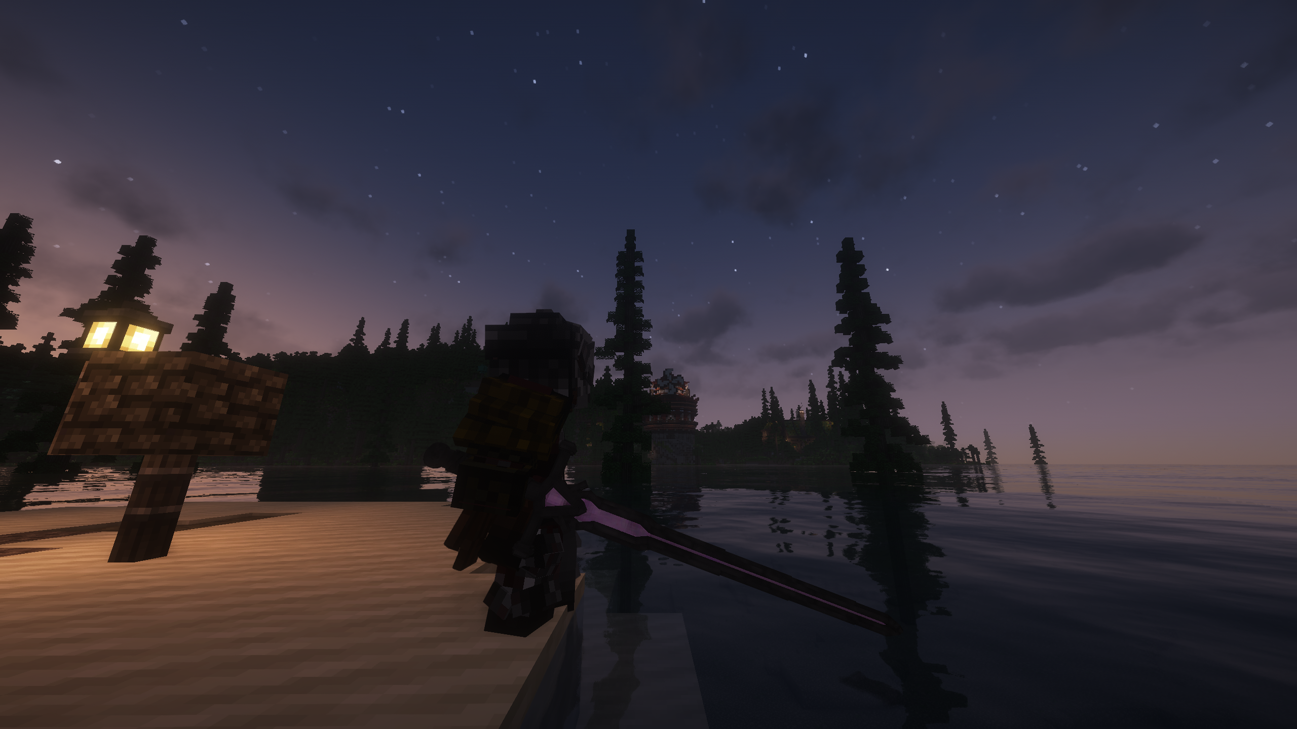 Thumbnail Player looking across the ocean at a dungeon between two trees.