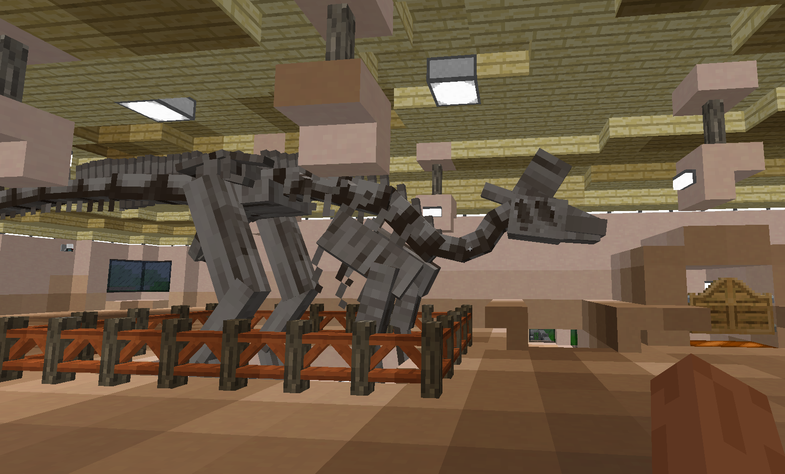 Thumbnail In my survival world, in the Parasuar Observation Building, I placed a skeleton of a hadrosaur in a museum style view.