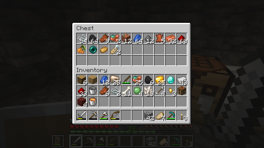 Thumbnail A chest/player inventory expanded by the mod showing progress made by the developer during playtesting. Iron tools, a diamond pickaxe, mob drops, ores of all kinds, and nether items such as netherrack and nether quartz are notable items.