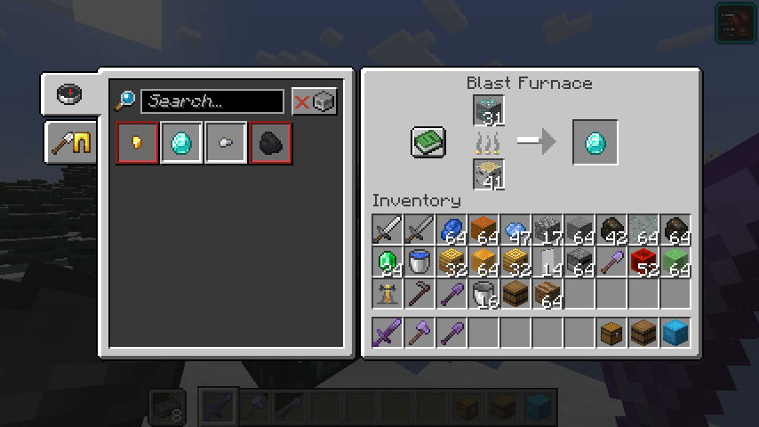 Thumbnail The blast furnace screen, modified to have a 10x4 inventory inside. The recipe book is open and shows no problem fitting on the screen!