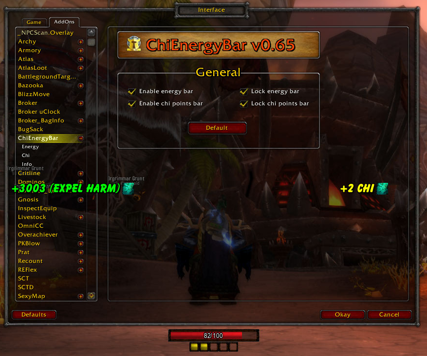 <p>Main options. The default button resets to default values and reloads the UI.
Red energy, yellow chi.</p>