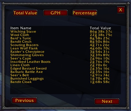 <p>This is the item window, while you are running Gold Per Hour's main window, and after you have collected a bit of data it may be worth checking this window out. It shows you a breakdown of the income you are receiving by each item.</p>
<p>In this exa...