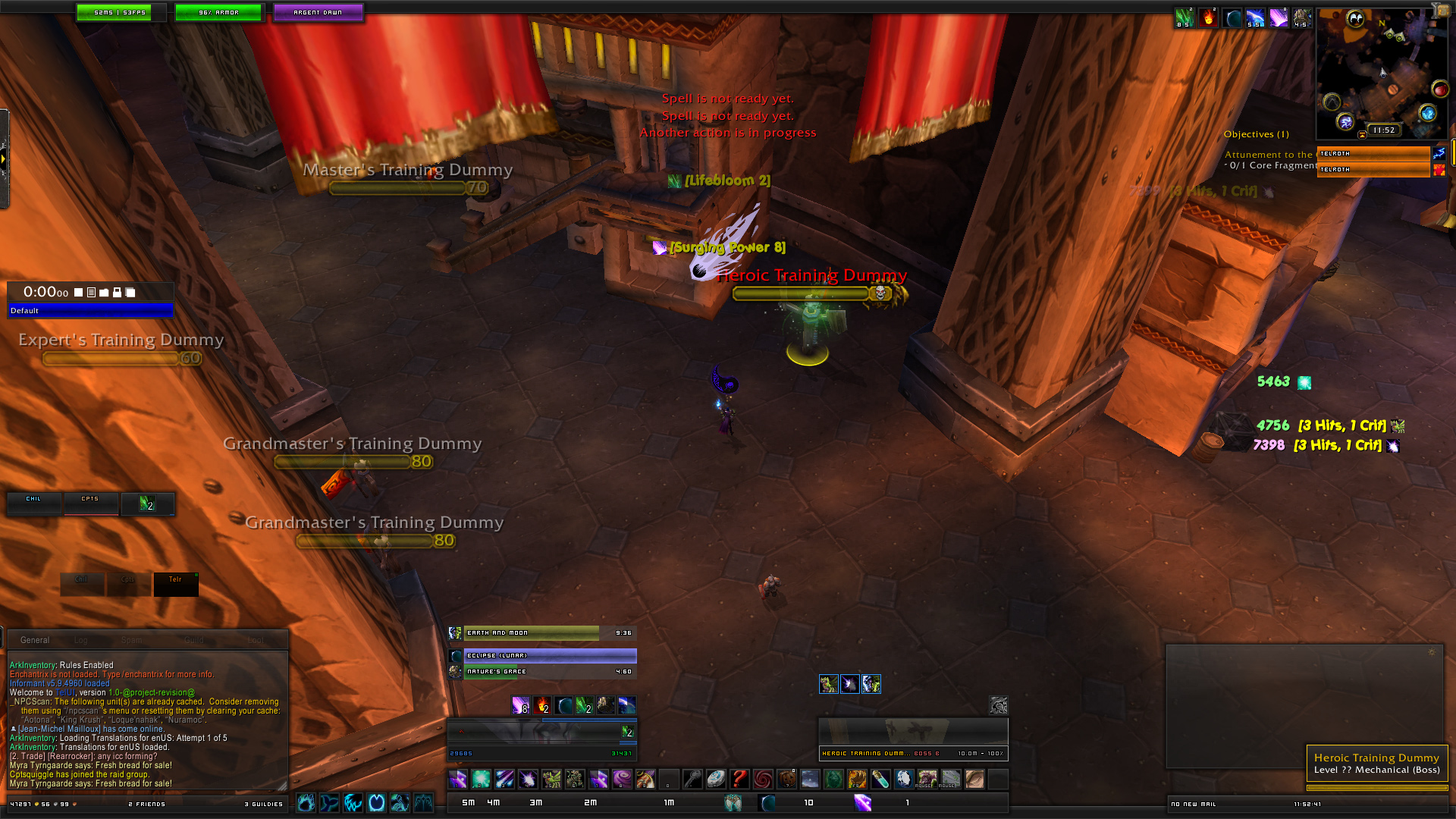 <p>A test of the new grid frames, as well as several other UI elements for demonstation purposes.</p>
<p>Note, this screenshot contains other addons, such as Power Auras, Skada, SexyCooldown, MSBT, and DXE, which may or may not be placed/skinned/handled...