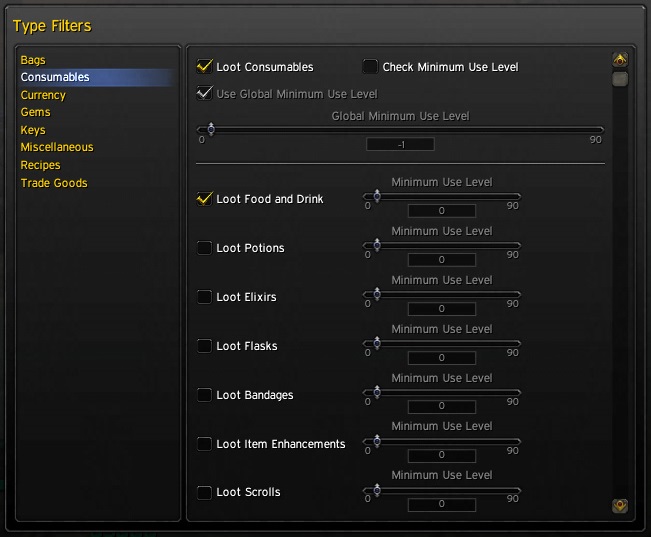 <p>Adjust the minimum use level of filtered consumable items so that you never pick up bandages and food below the level you set - a level 90 using a level 1 potion just seems stupid.</p>