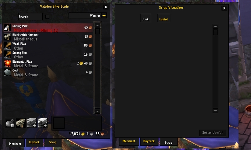 <p>ElvUI skin for Scrap merchant button and Visualizer tab.</p>