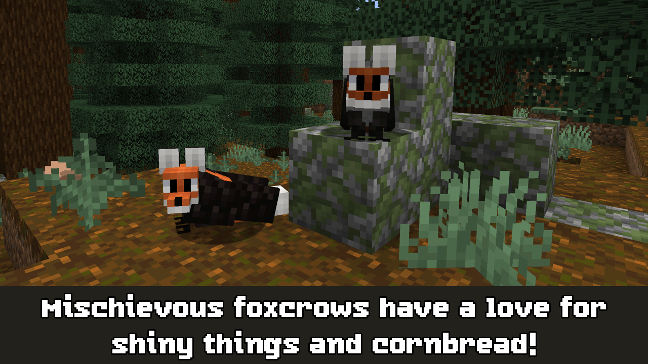 Two red fox patterned foxcrows sit in a mega taiga.  The caption reads "Mischievous foxcrows have a love for shiny things and cornbread!"