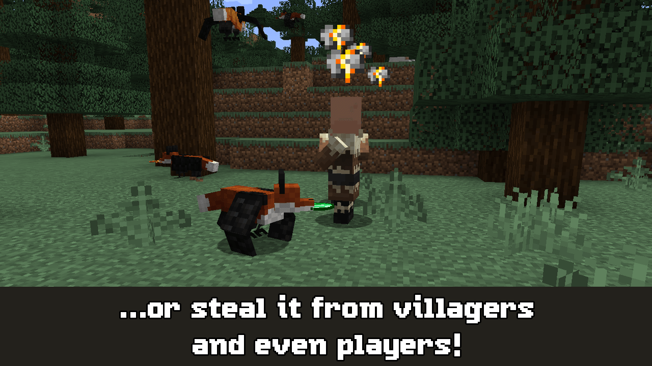 A foxcrow takes an emerald from the pocket of an angry taiga villager.  The caption reads "...or steal it from villagers, and even players!"