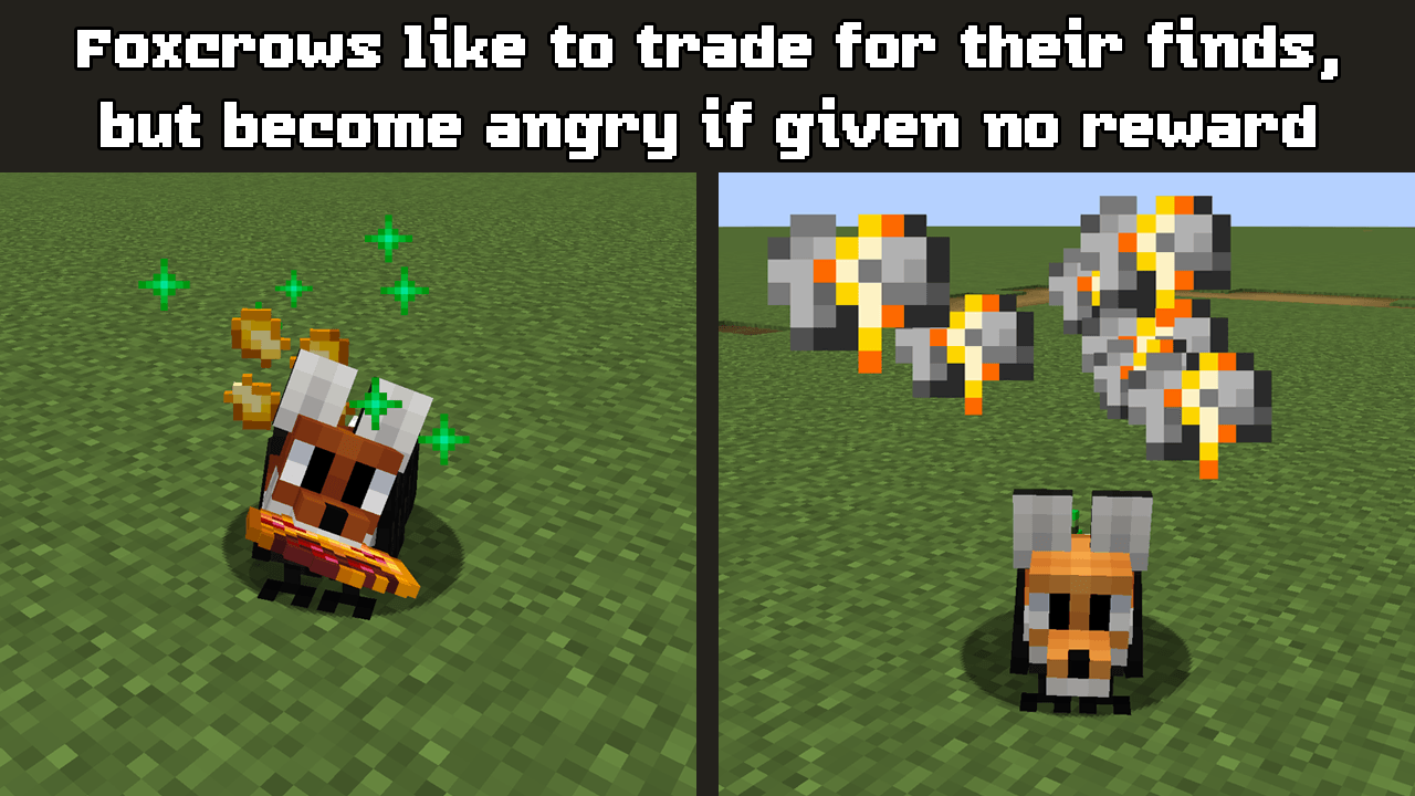 Two images side by side, contrasting a happy foxcrow which has been given food in exchange for its item, and an unhappy foxcrow which has received nothing.  The caption reads "Foxcrows like to trade for their finds, but become angry if given no reward"