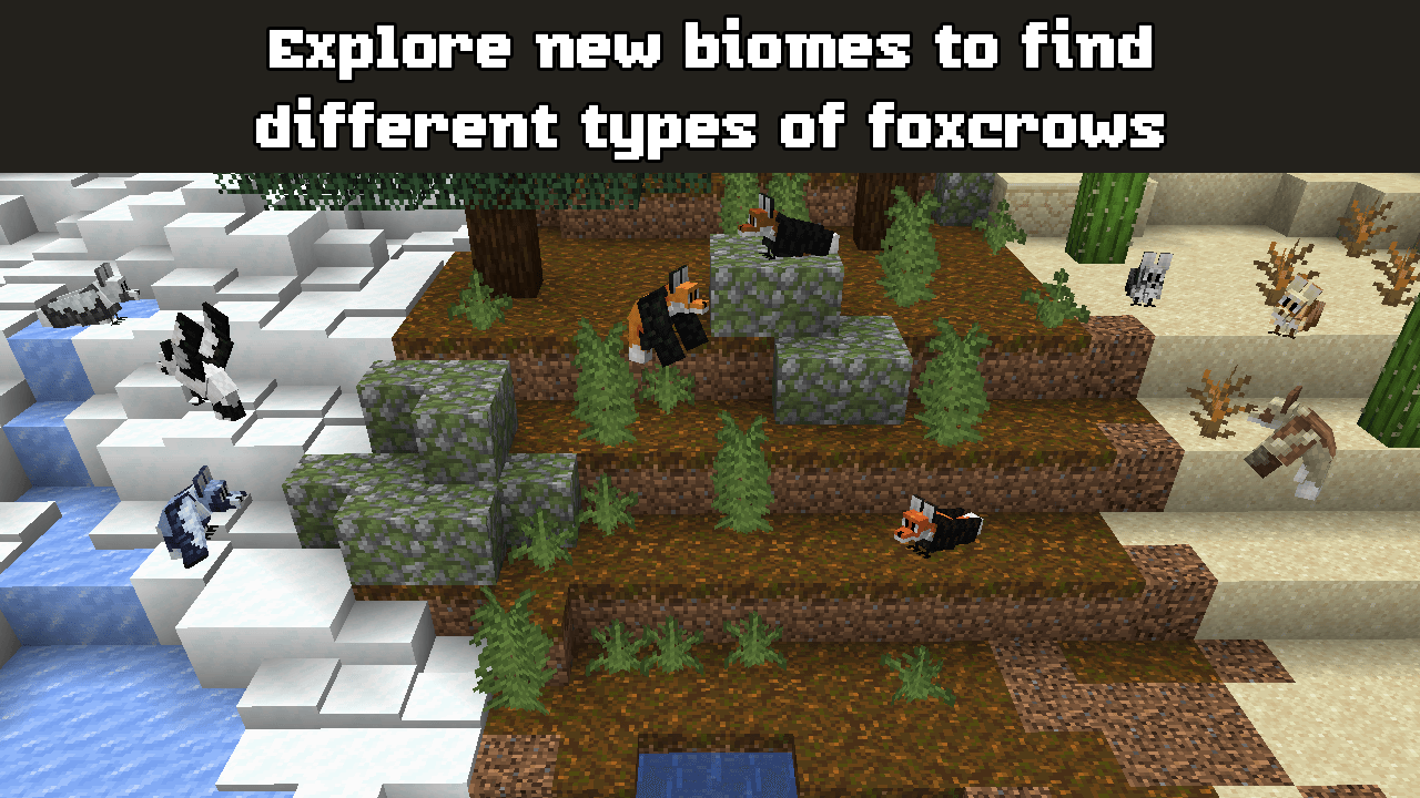 A showcase of different wild foxcrow coats and patterns split by biomes, with pale foxcrows in the snow, red fox foxcrows in the taiga, and sandy colored ones in the desert.  The caption reads "Explore new biomes to find different types of foxcrows"