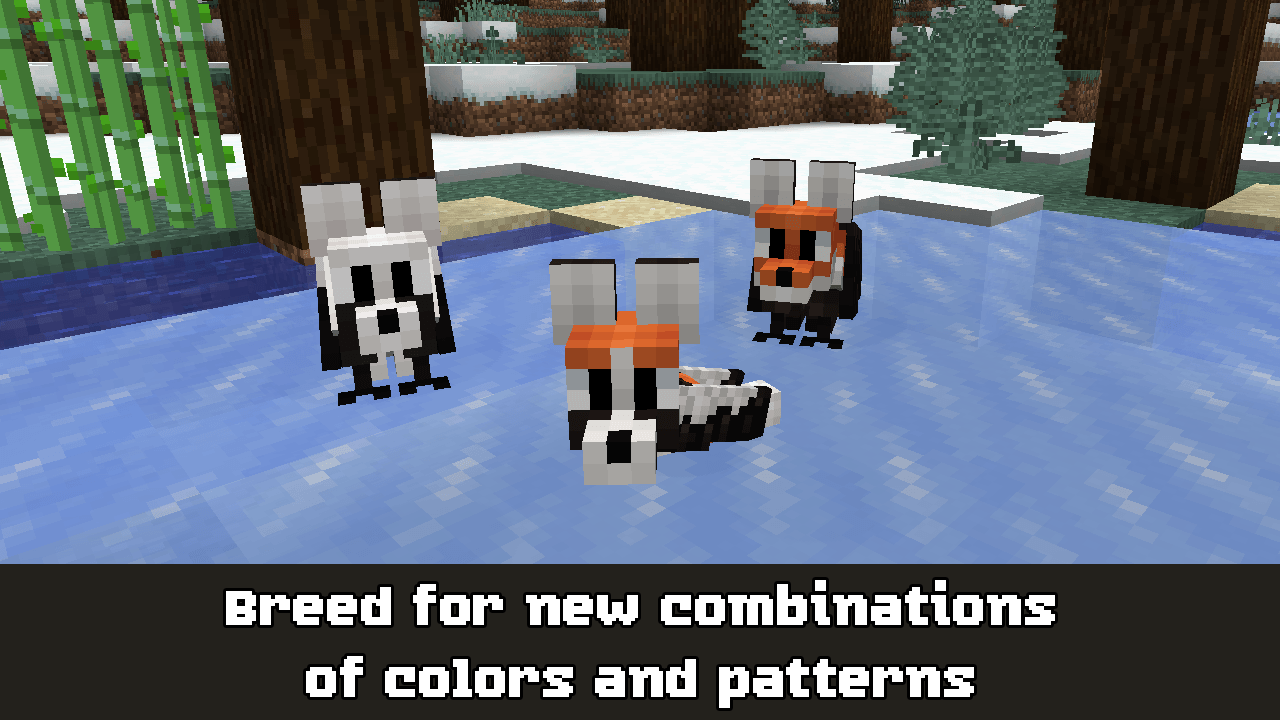 A black and white foxcrow and a red fox foxcrow, with  a baby showing a combination of its parents' patterns in the middle.  The caption reads "Breed for new combinations of colors and patterns".