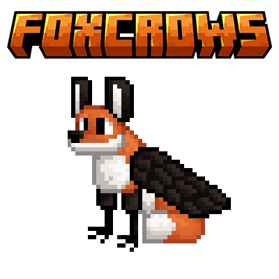 Pixel art of a red fox raven patterned foxcrow, sitting under the Foxcrows logo.