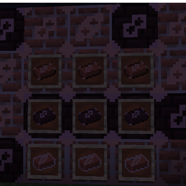 Thumbnail A wall of throwable brick blocks, advanced throwable brick blocks, and throwable nether brick blocks, with item frames with throwable bricks, throwable nether bricks, and advanced throwable bricks