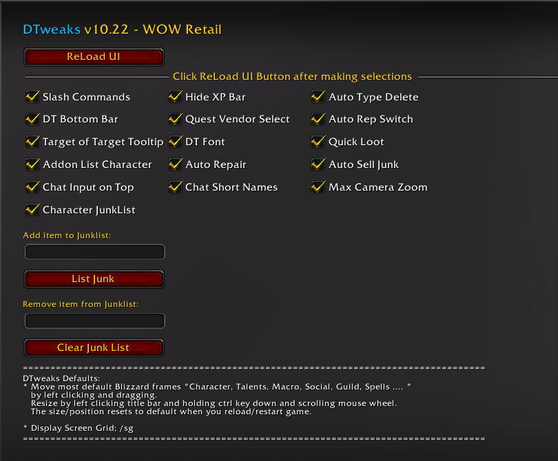 DTweaks Options Panel ; access /dt in game