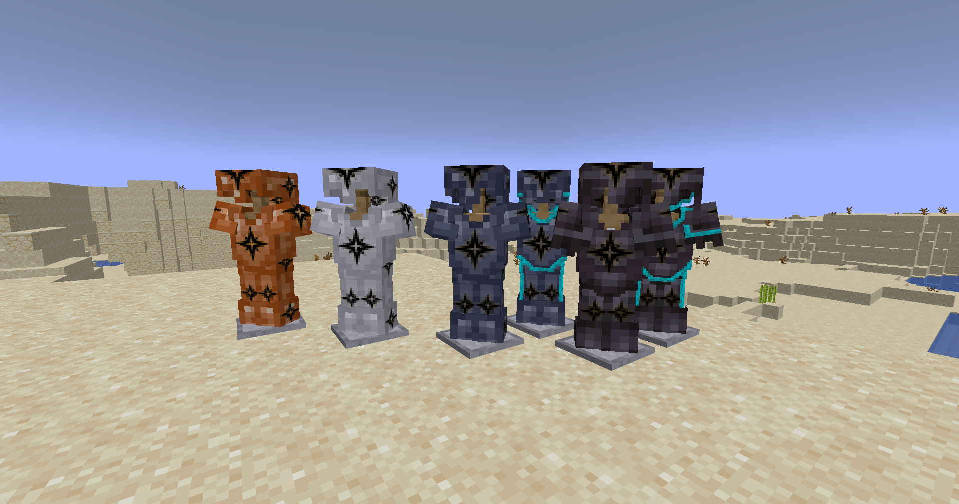 Thumbnail Bronze, Iron, Steel, Diamond Steel, Netherite, and Diamond Netherite armors gilded in Black Gold