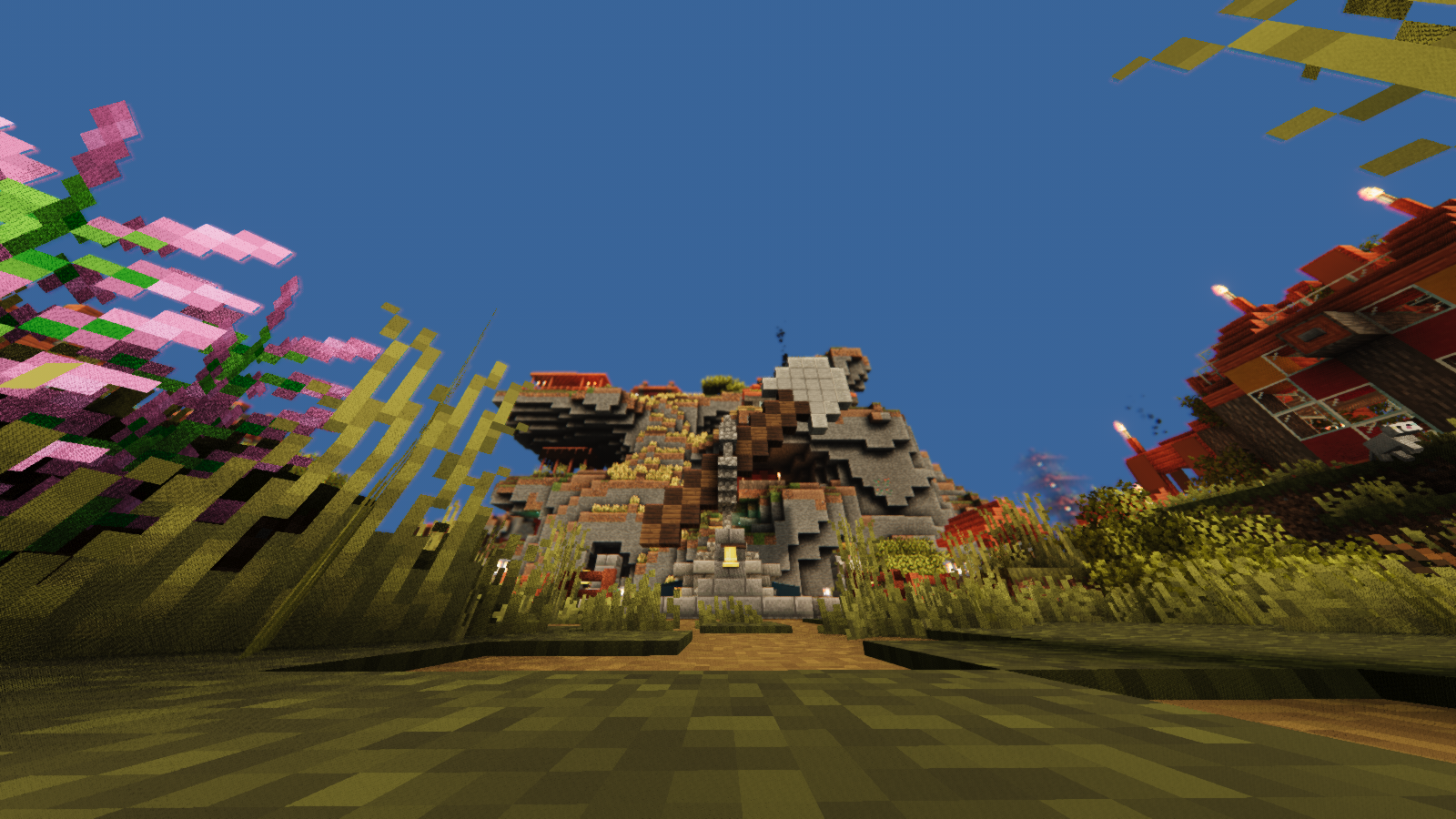 Thumbnail A pretty mountain top savanna village with a iron shovel statue all natural generated