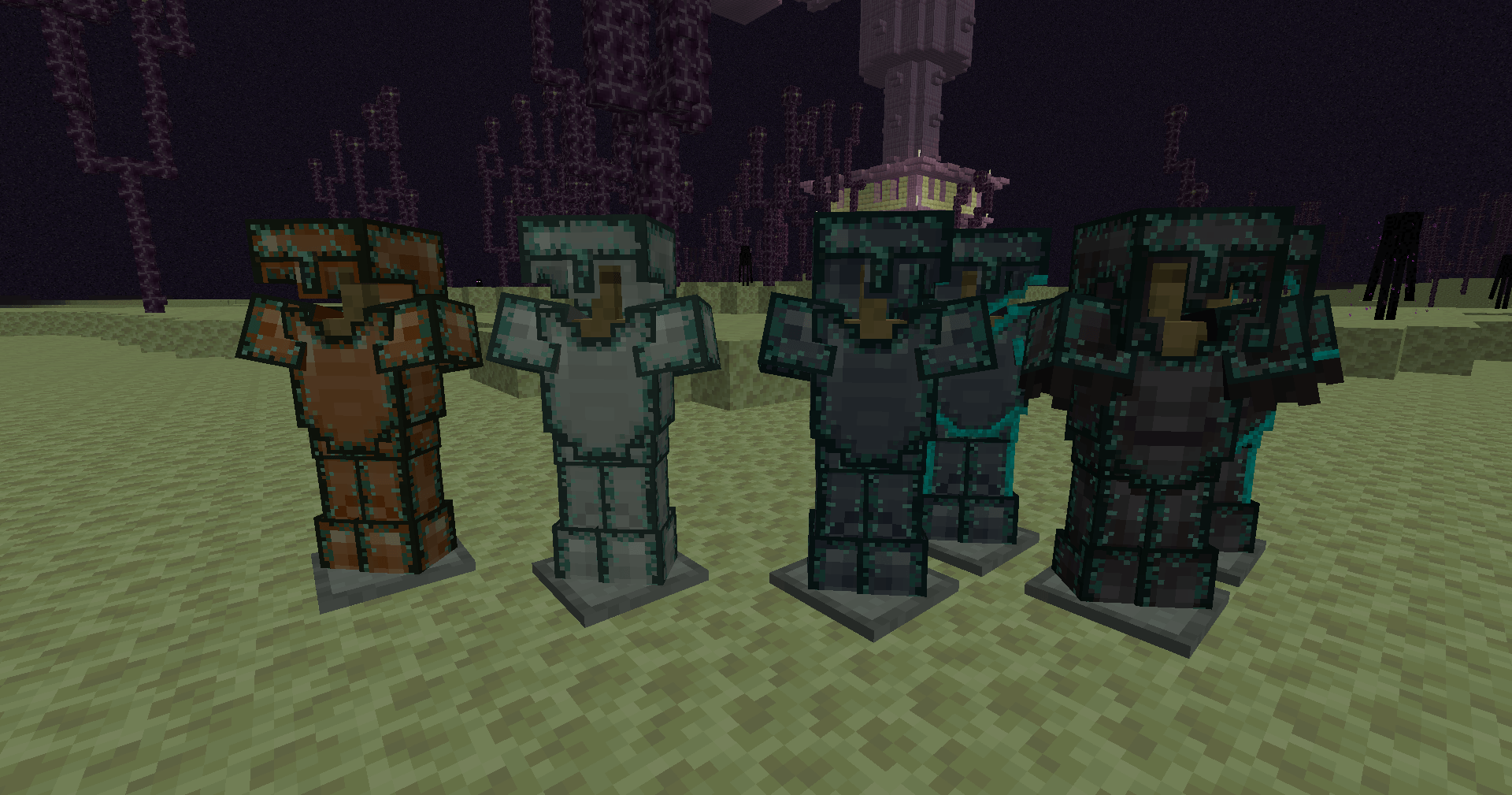 Thumbnail Bronze, Iron, Steel, Diamond Steel, Netherite, and Diamond Netherite armors gilded in Ender Gold