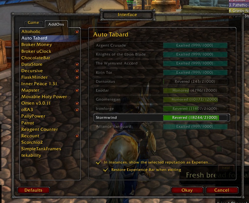 <p>Select the rep u wanna farm<br>
the addon will equip tabard once instance automagically, and will remove it once out.</p>