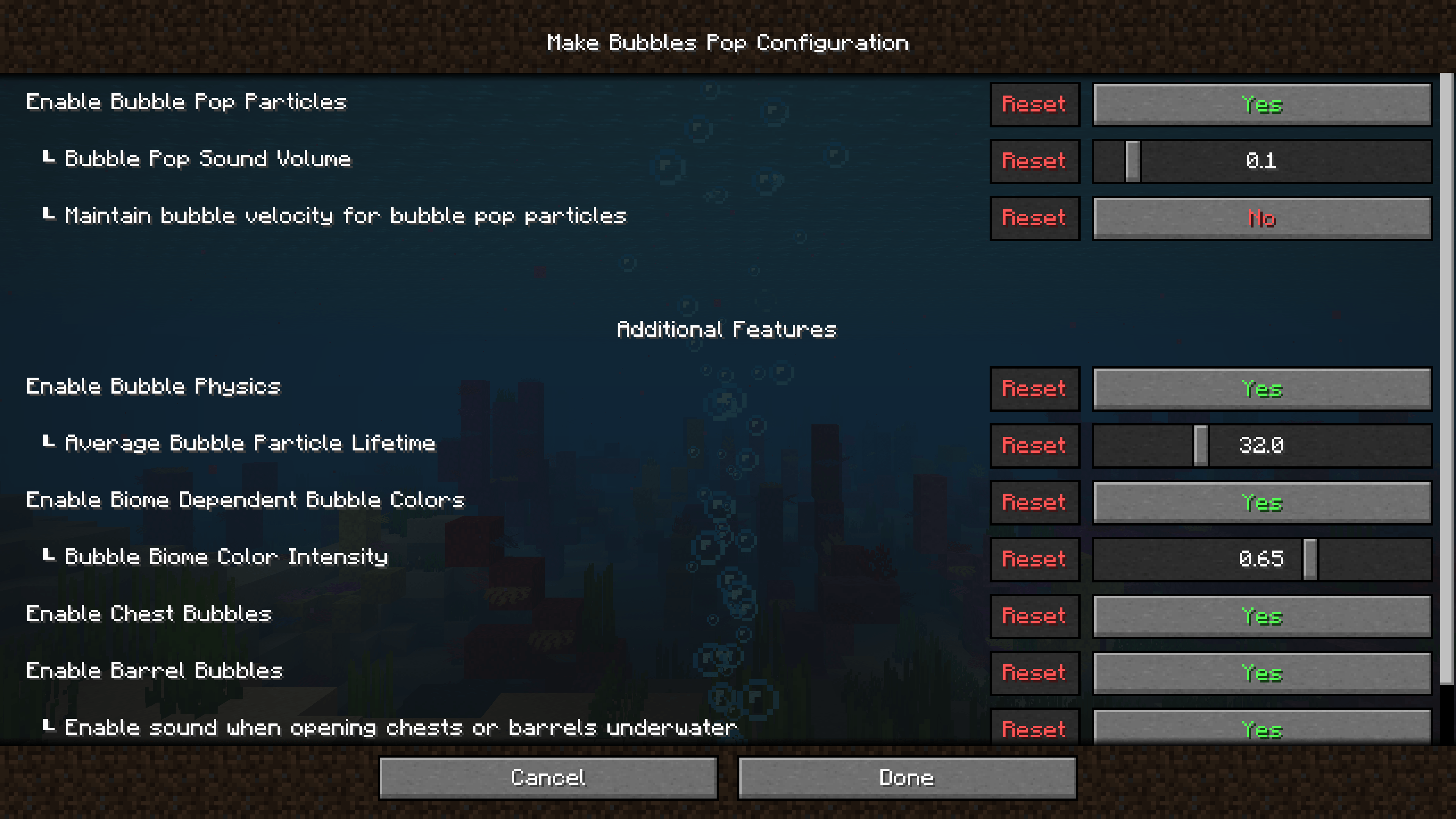 Settings menu