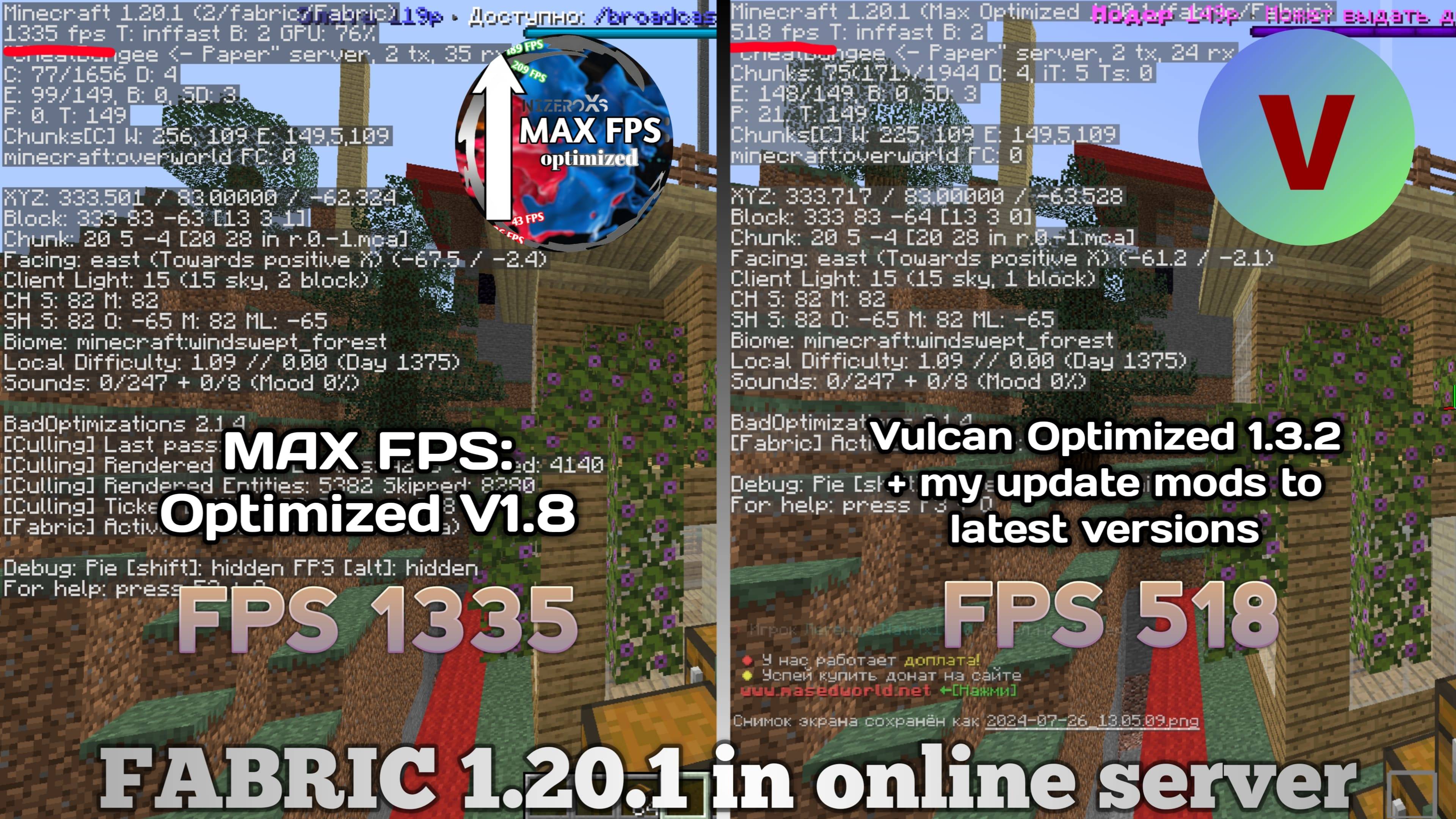Thumbnail A real test on Fabric 1.20.1 on a multiplayer server, screenshots were taken from two accounts on one PC with the same graphics settings at almost the same time. All mods in Vulcan Optimized updated to latset version thanks to me. In my modpack +61% FPS!