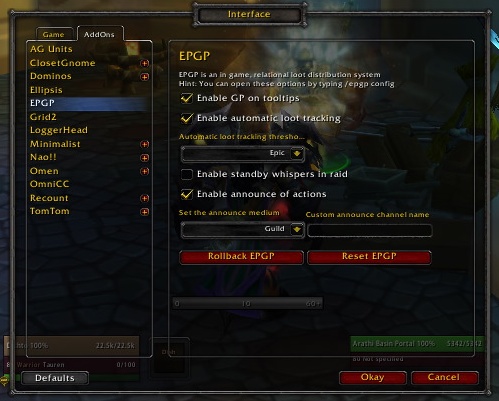 <p>The EPGP Options panel under Interface Options -> Addons.
</p>
