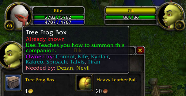 <p>While I was at the Darkmoon Faire I ran into Flick. He was selling frogs. When I mouse over a frog I can see that 2 of my alts needed the Tree Frog. Now I can buy them and mail them to my alts!</p>