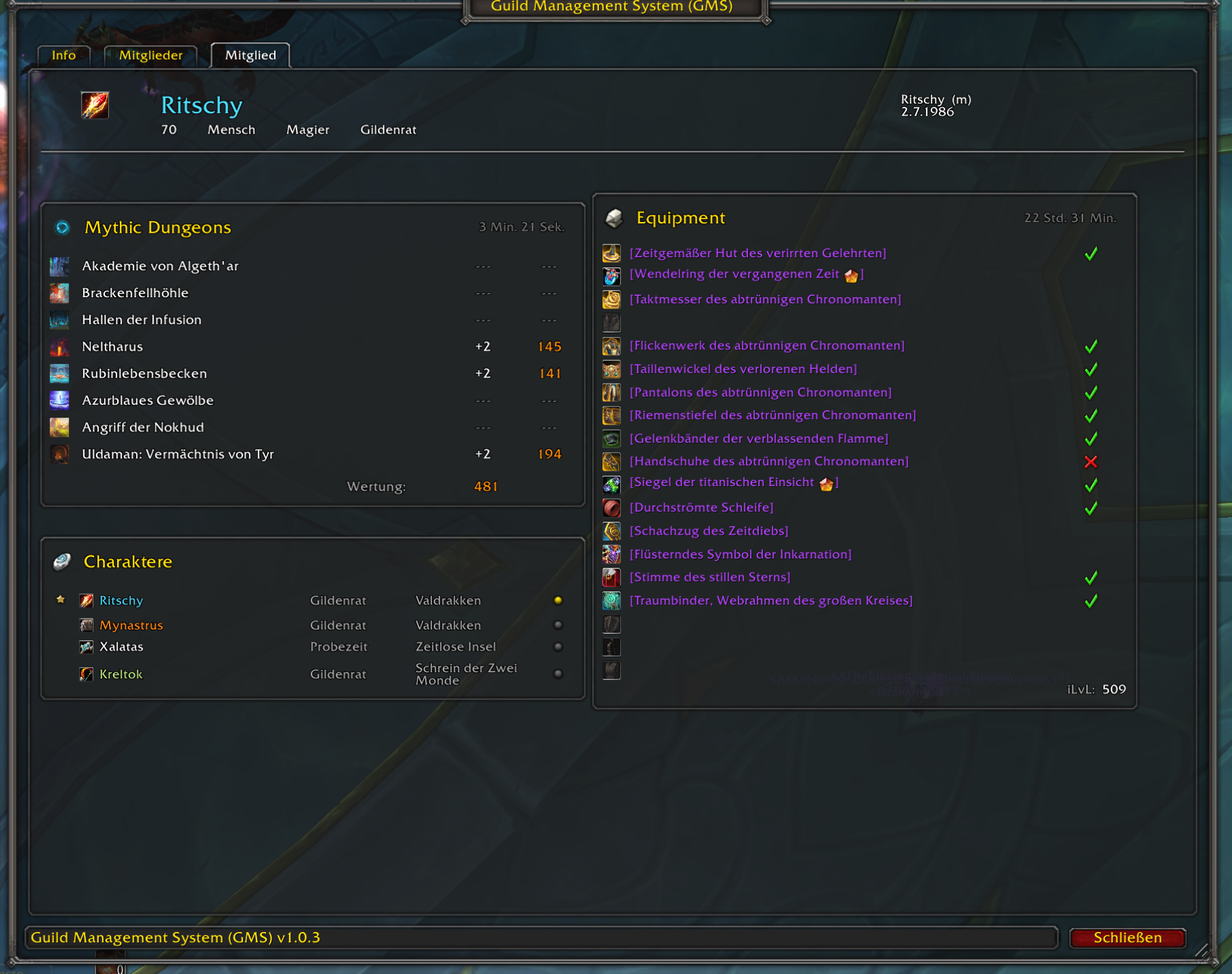 Thumbnail Single view of a member with informations about twinks in guild, equipment and mythic dungeons