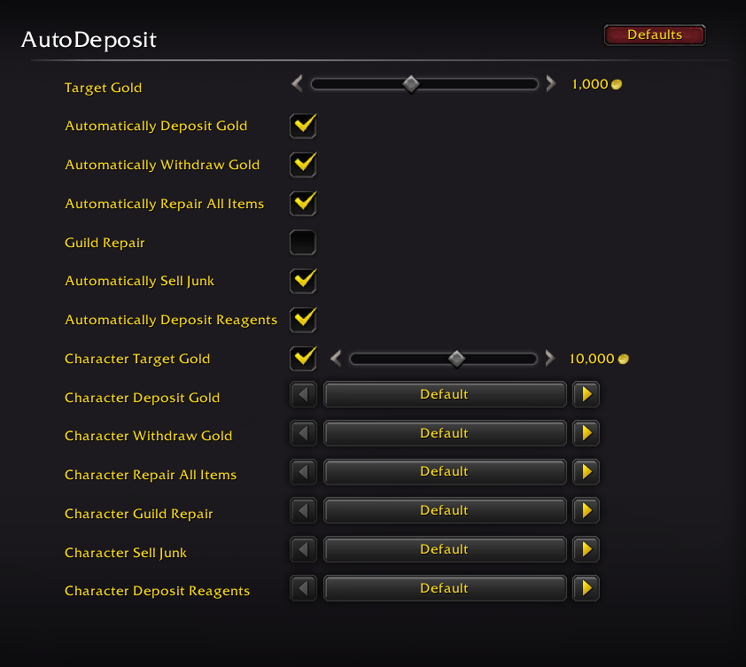 Settings menu with settings for "Target Gold", "Automatically Deposit Gold", "Automatically Withdraw Gold", "Automatically Repair All Items", "Guild Repair", "Automatically Sell Junk" and "Automatically Deposit Reagents" followed by character specific settings for each of those.