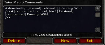 <p>Here's what an example mount/dismount macro can look like with this addon.</p>