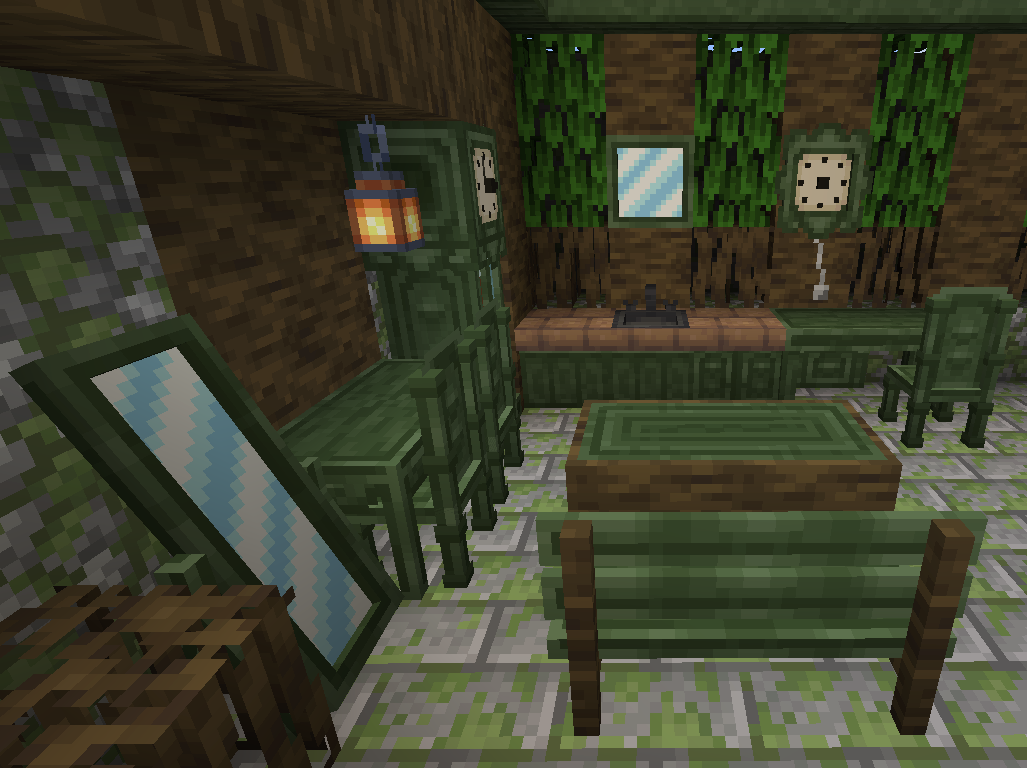 Thumbnail Mossy green furniture from Lucky's Cozy Home includes mirrors, clocks, and counters with mud brick countertops