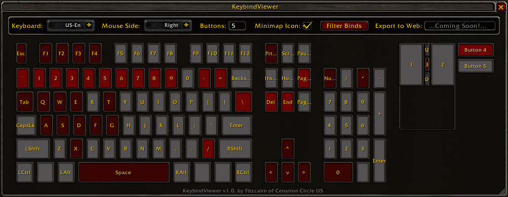 <p>What my priest sees when I open KeybindViewer. Bright red keys signify spell/item actions on a bar or addon; dull red keys correspond to non-action commands such as movement.</p>