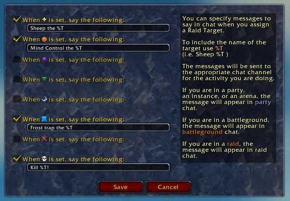 <p>Options window where you can define what to say in chat when a Raid Icon is set on a target unit/NPC</p>