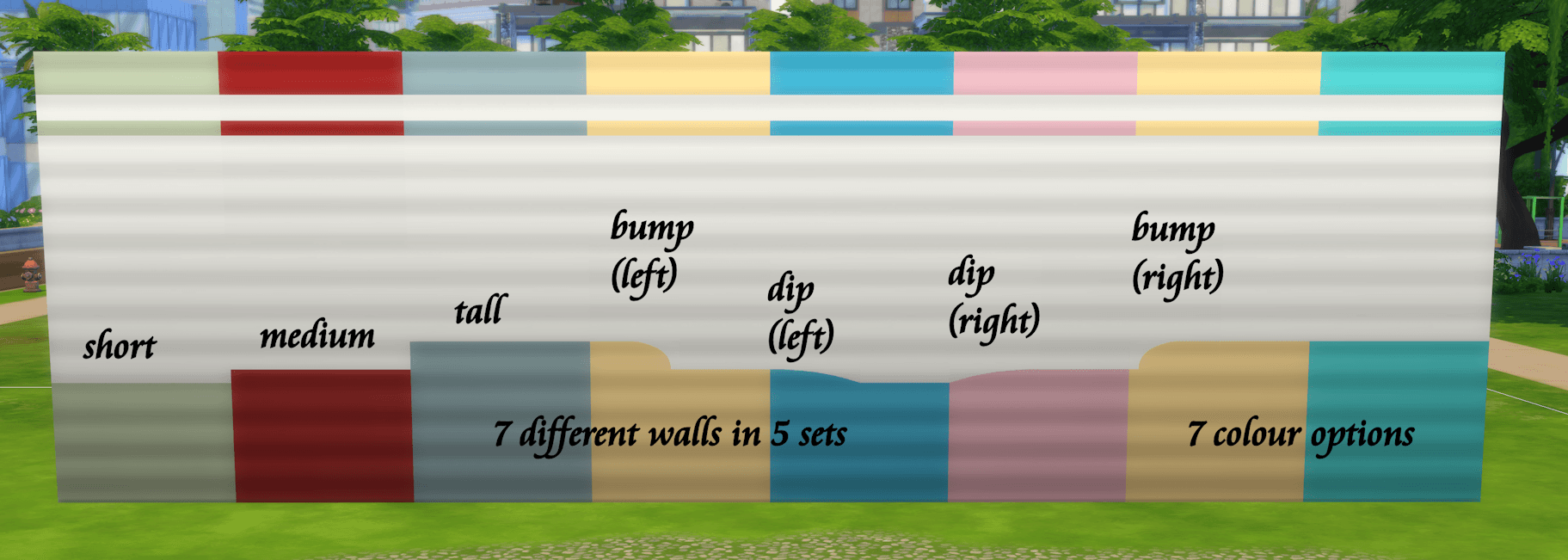 Each colour represents two walls, some are two of the same, or a flat wall with a dip or bump.