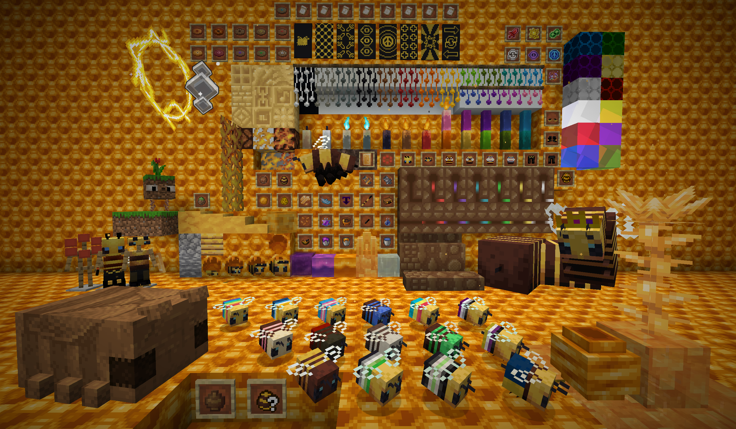 An image that organizes and shows off all of the items and blocks that The Bumblezone has added.