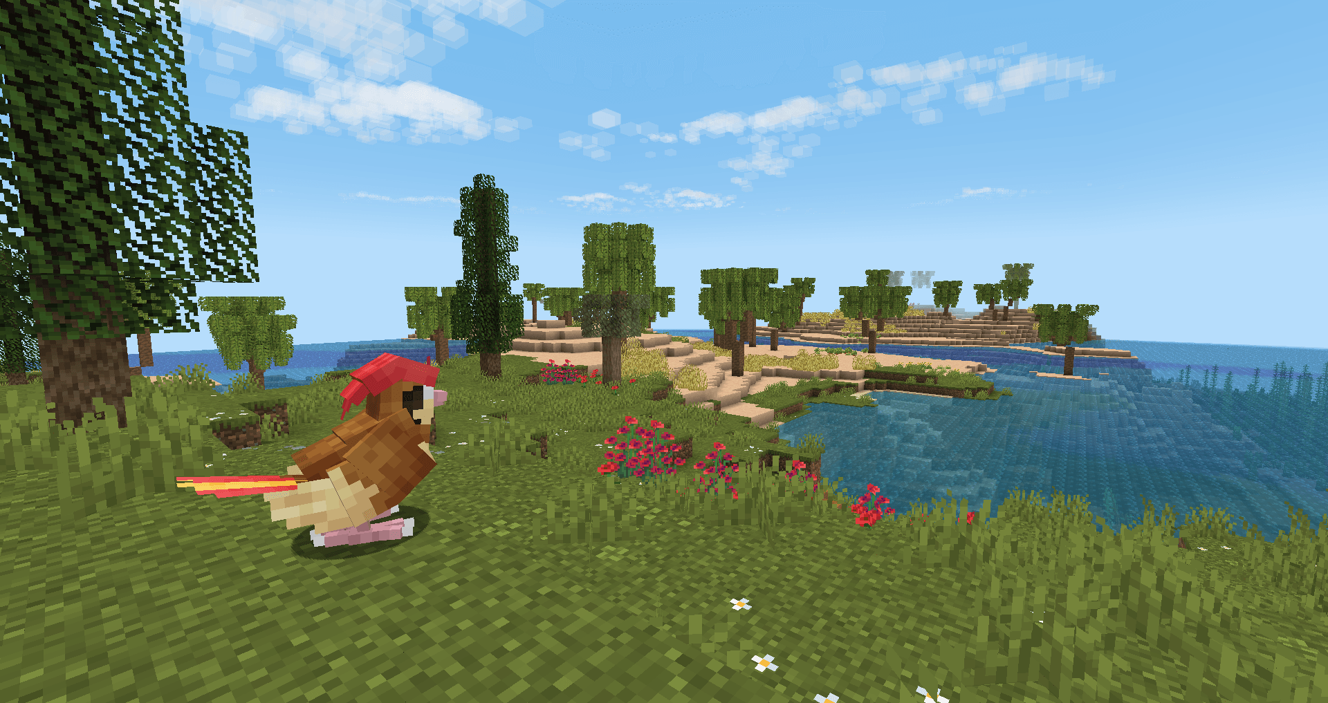 Thumbnail A pidgeotto looks out at the new beach biomes and flowers you'll find while adventuring.