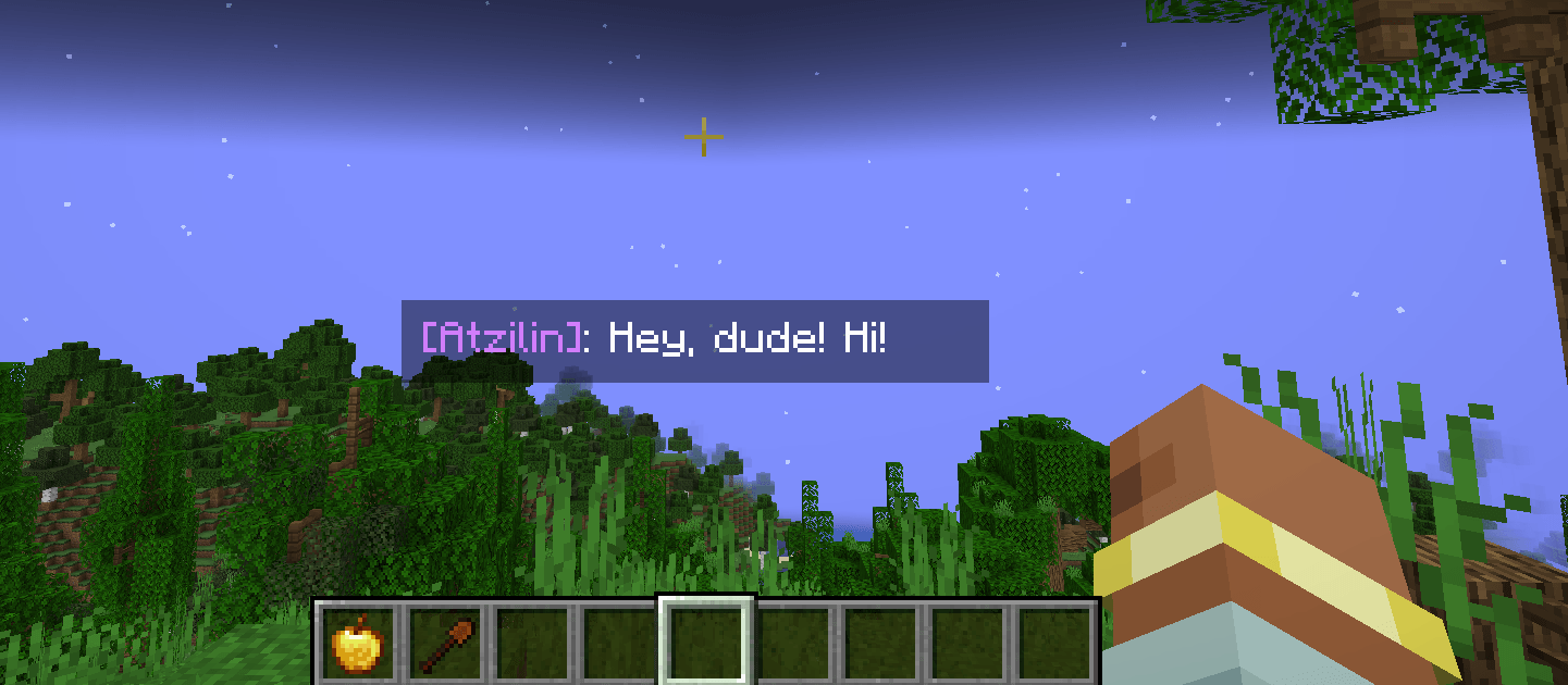 Thumbnail script
function interact(e){
e.npc.eSayBarI(e.player, "Hey, dude! Hi!", "d47fff");
}