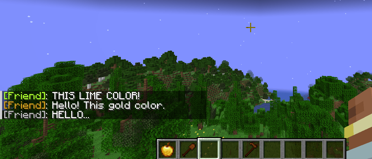 Thumbnail script
function interact(e){
e.npc.eSay("THIS LIME COLOR!", "#ADFF2F"); // lime color
e.npc.eSay("Hello! This gold color.", "#DAA520") // gold color
e.npc.eSay("HELLO...") // color sets default - C0C0C0
}