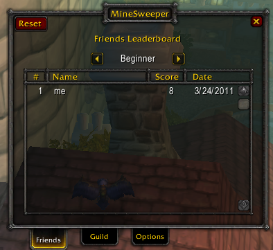 The leaderboard screen for the new MineSweeper-2.0, this shows the best scores amongst your server and Battle.Net friends in a scrollable frame.
