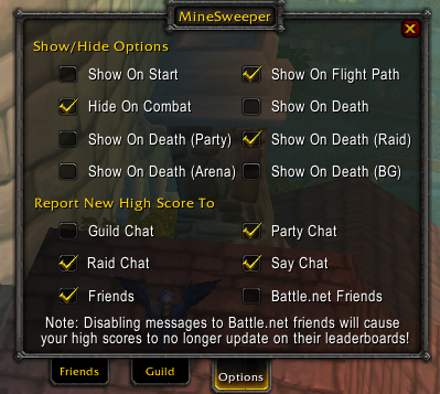 Shows the MineSweeper-2.0 expanded options, which include showing game on death in every group setting and sending new high score messages to Battle.Net friends.