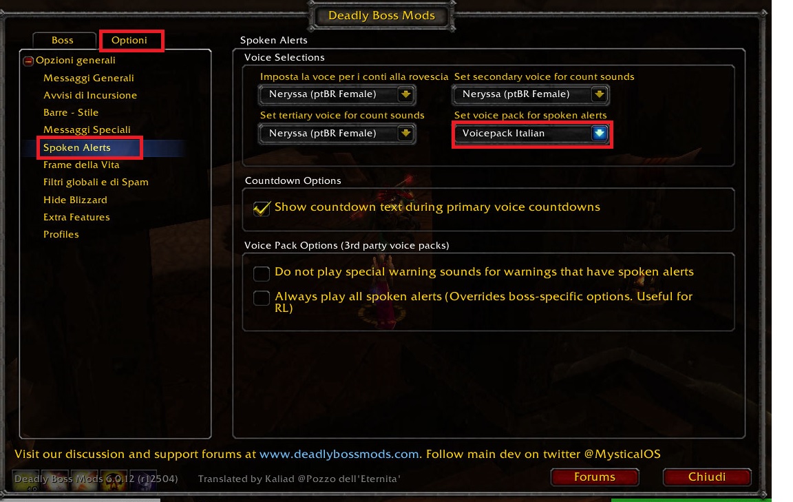 <p>This is the Italian Female Voice pack for DBM WoD. (not a standalone addon but a plugin to DBM. Make sure you download DBM first)</p>
<p>Voce in Italiano per l' addon DBM. ( questo è soltanto un plugin di DBM. Dovrete installare prima DBM.</p>
