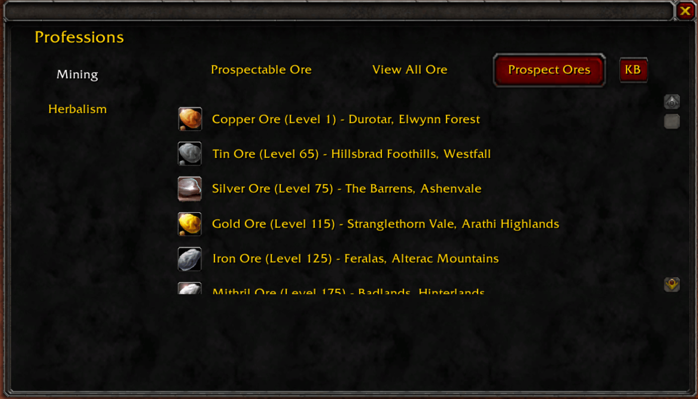 Thumbnail List of available ore within the game for easy reference.
