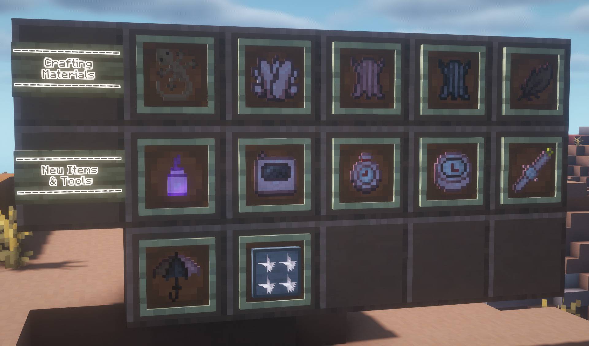 Thumbnail These are the new items, tools, and materials featured in the mod.
