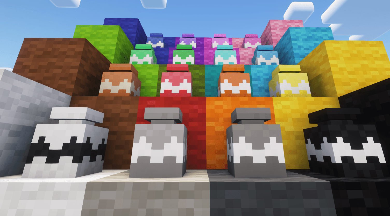 Thumbnail New Jar blocks that come in 16 colors! They can be crafted with a flower pot and any corresponding dye. They can hold a stock of items and when smashed release their contents.