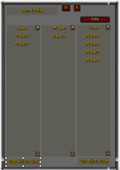 <p>the loot master / officers screen
gets the info from guild roster if somebody is an officer
and allows them to click a player name then vote</p>