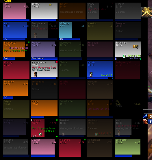 Thumbnail <p>This is a screenshot of some big unit frames, display names, debuffs, hots and other information in a battle for Wintergrasp. The display uses about a quarter of the horizontal portion of the screen. I use "Sunn - Viewport Art" to shrink the 3D world...