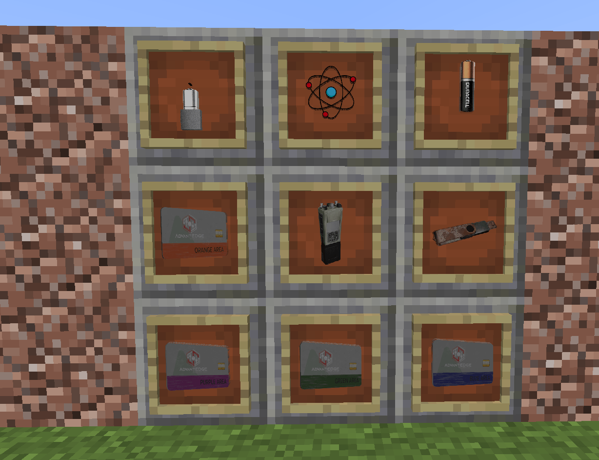 Thumbnail Laser Base, Unpure Atom, Double A Battery, Walkie Talkie, Thumb Drive, Orange Keycard, Purple Keycard, Green Keycard, Blue Keycard