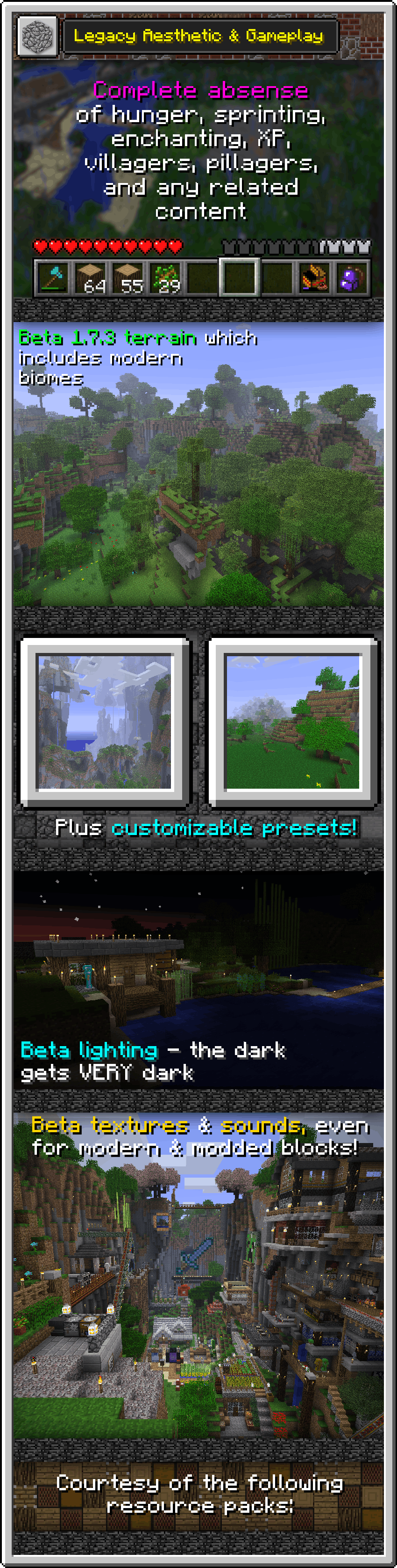 Legacy Aesthetic & Gameplay Absence of hunger, sprinting, enchanting, & villagers/villages. Beta 1.7.3 terrain generation with all modern biomes (+ customizable presets!). Beta lighting. Beta textures & sounds (Courtesy of Golden Days, Programmer Art Ultimate, Minecraft: Classic Edition, Programmer Art Continuation Project, & Classic Alternative). Optional Alpha textures (Courtesy of Golden Days).