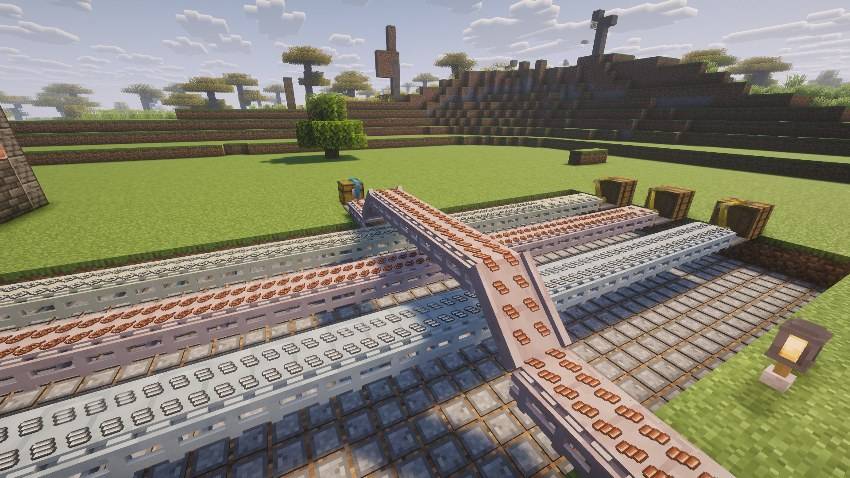 Three belt tiers, and a ramp crossing them