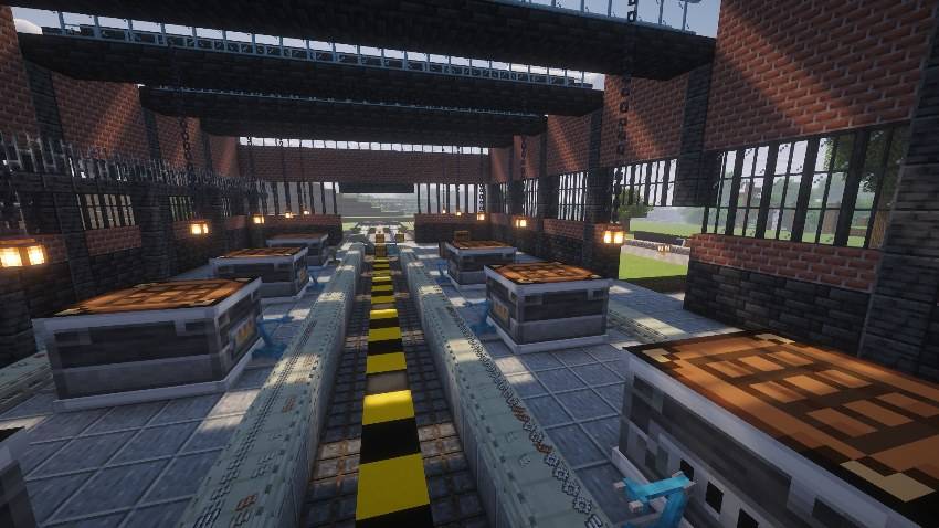 A factory hall: two rows of crafters around a belt bus