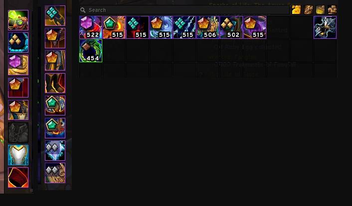 Screenshot of parts of bag and character frame with icons